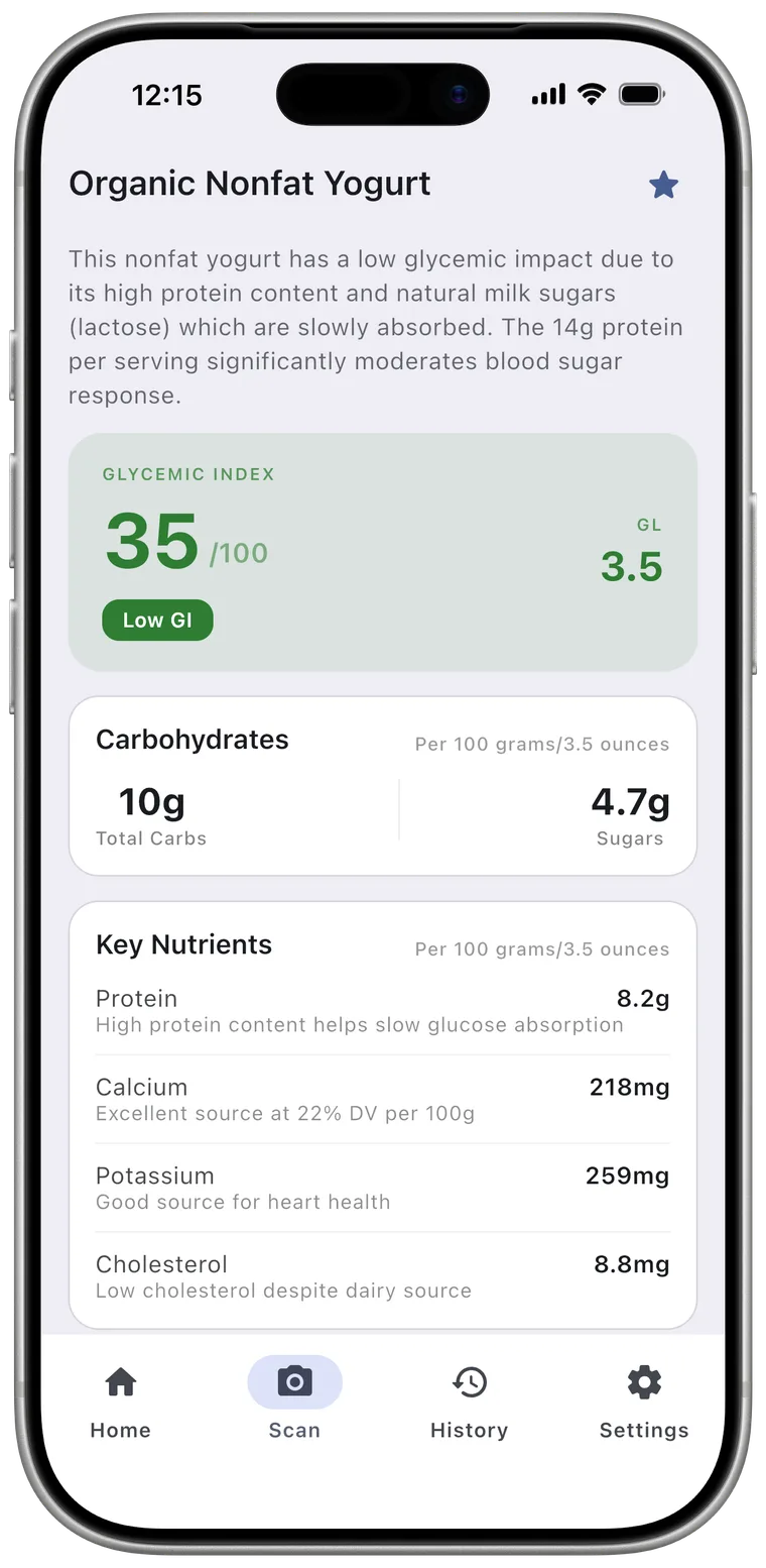 FoodCheck app result screen showing a Low glycemic index of 35 for organic nonfat yogurt